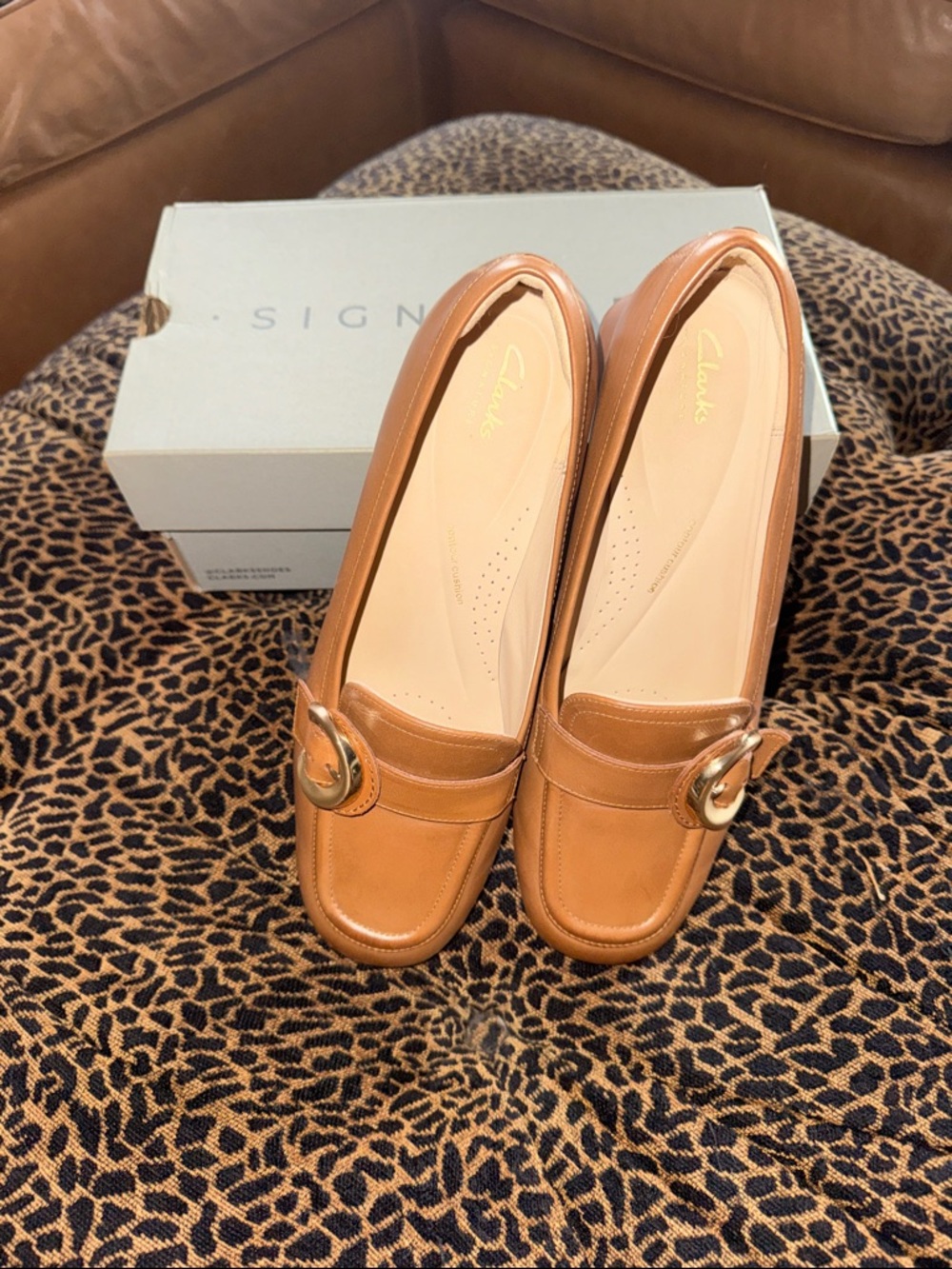 Clarks Women’s Caramel Leather Heeled Loafers with Gold Accent